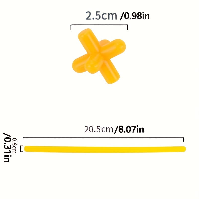 Connecteur jaune en forme de croix avec une tige cylindrique jaune assortie provenant d’un ensemble de blocs d’ingénierie en plastique à emboîtement pour jouets de construction de pailles.