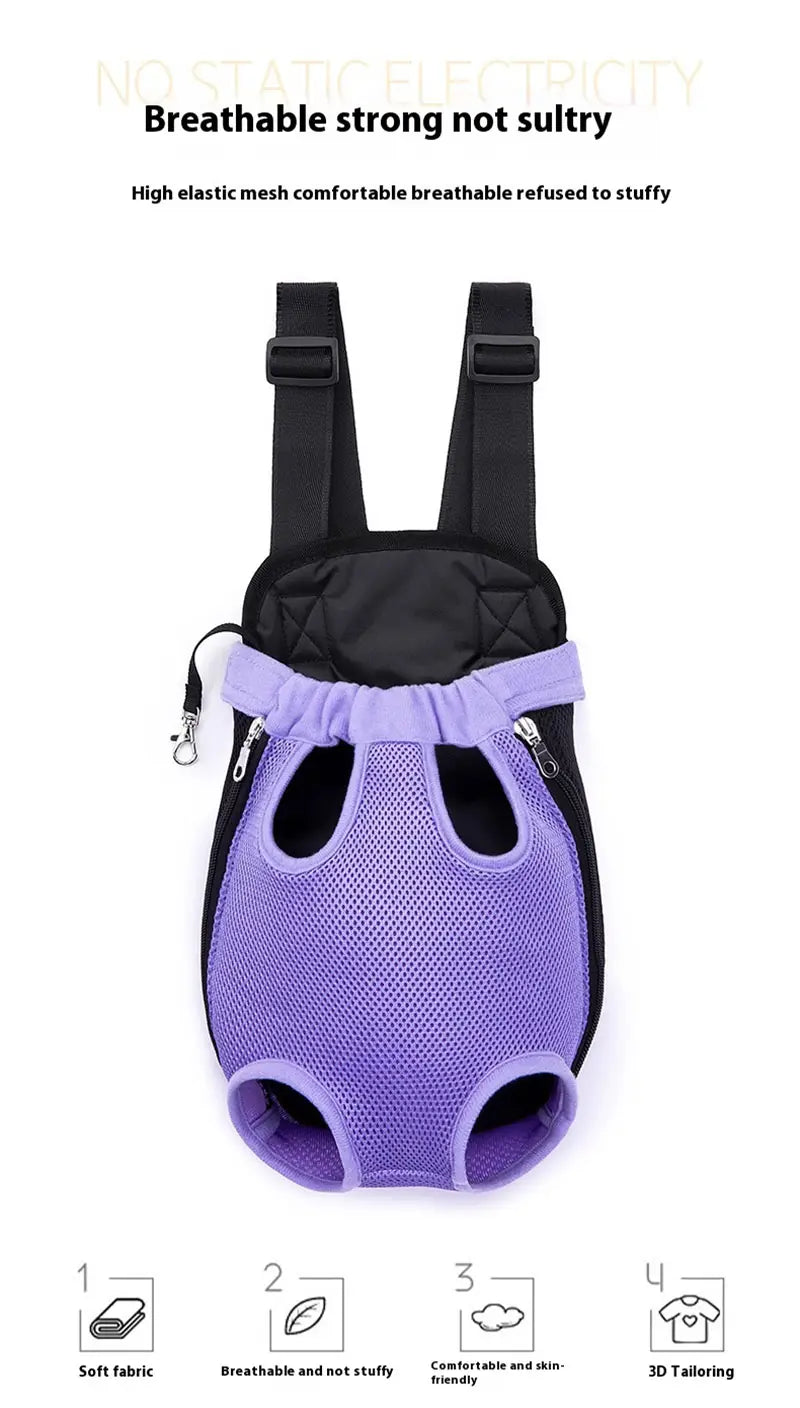 mochila transportadora para perro de malla morada con correas negras y cremalleras, diseñada como transportín para perro para uso frontal en viajes