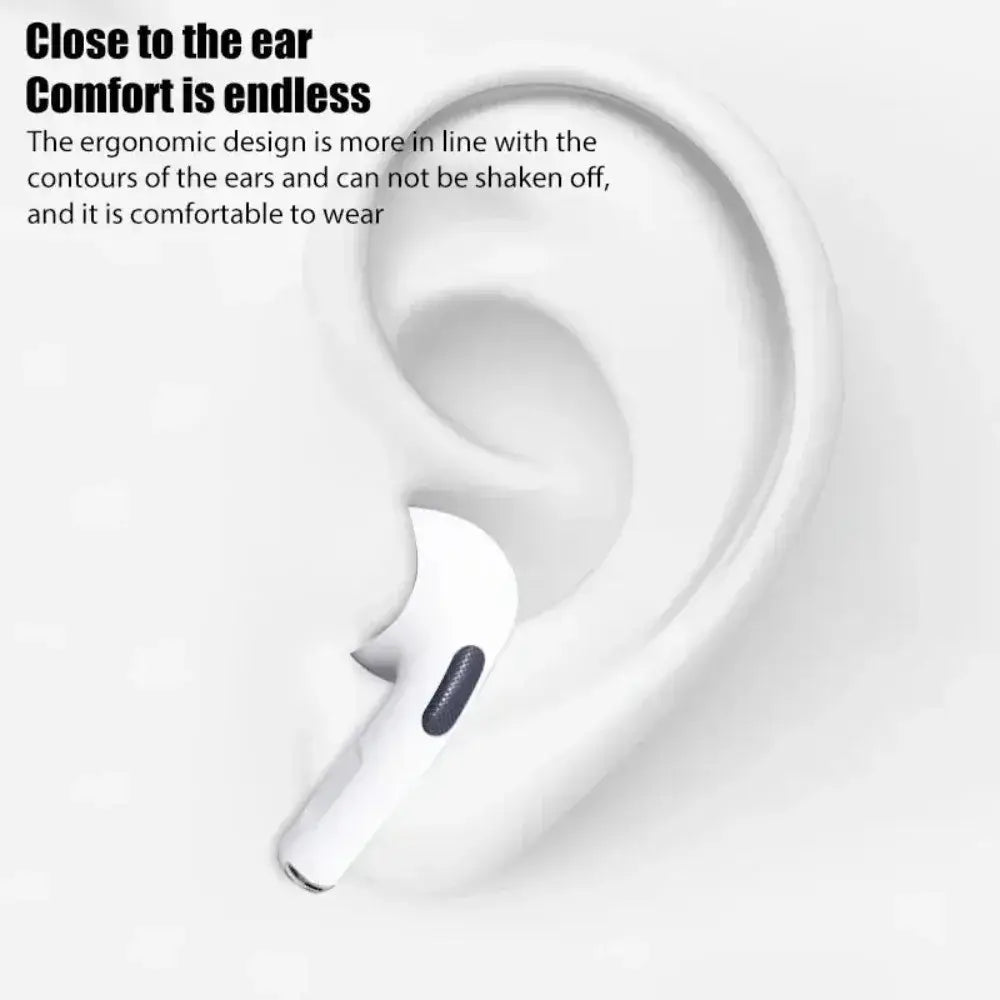 Écouteur sans fil Bluetooth blanc à finition mate et bouton de commande tactile en gris foncé, doté de la suppression active du bruit.