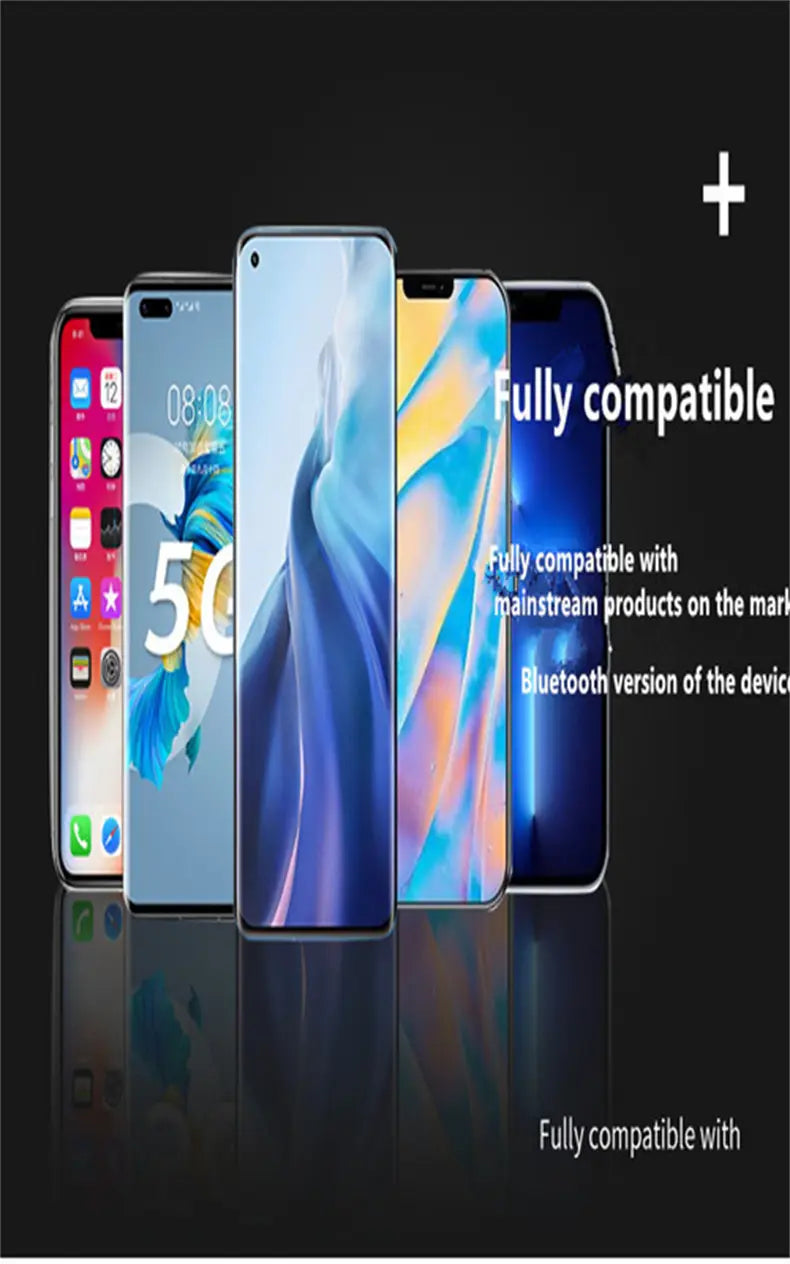 a sleek modern smartphone with a vibrant blue gradient screen and minimal bezels displayed alongside a high quality earphone clip wireless bluetooth headset with noise reduction features