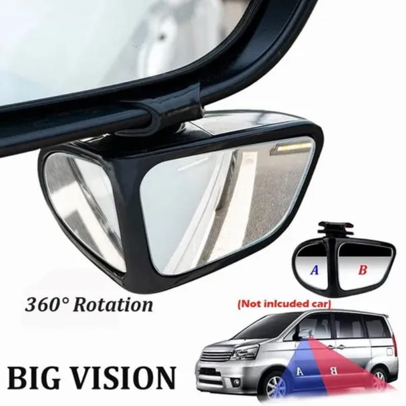 black plastic car blind spot mirror with 360-degree rotation and wide curved reflective surface for enhanced visibility shown from the back side
