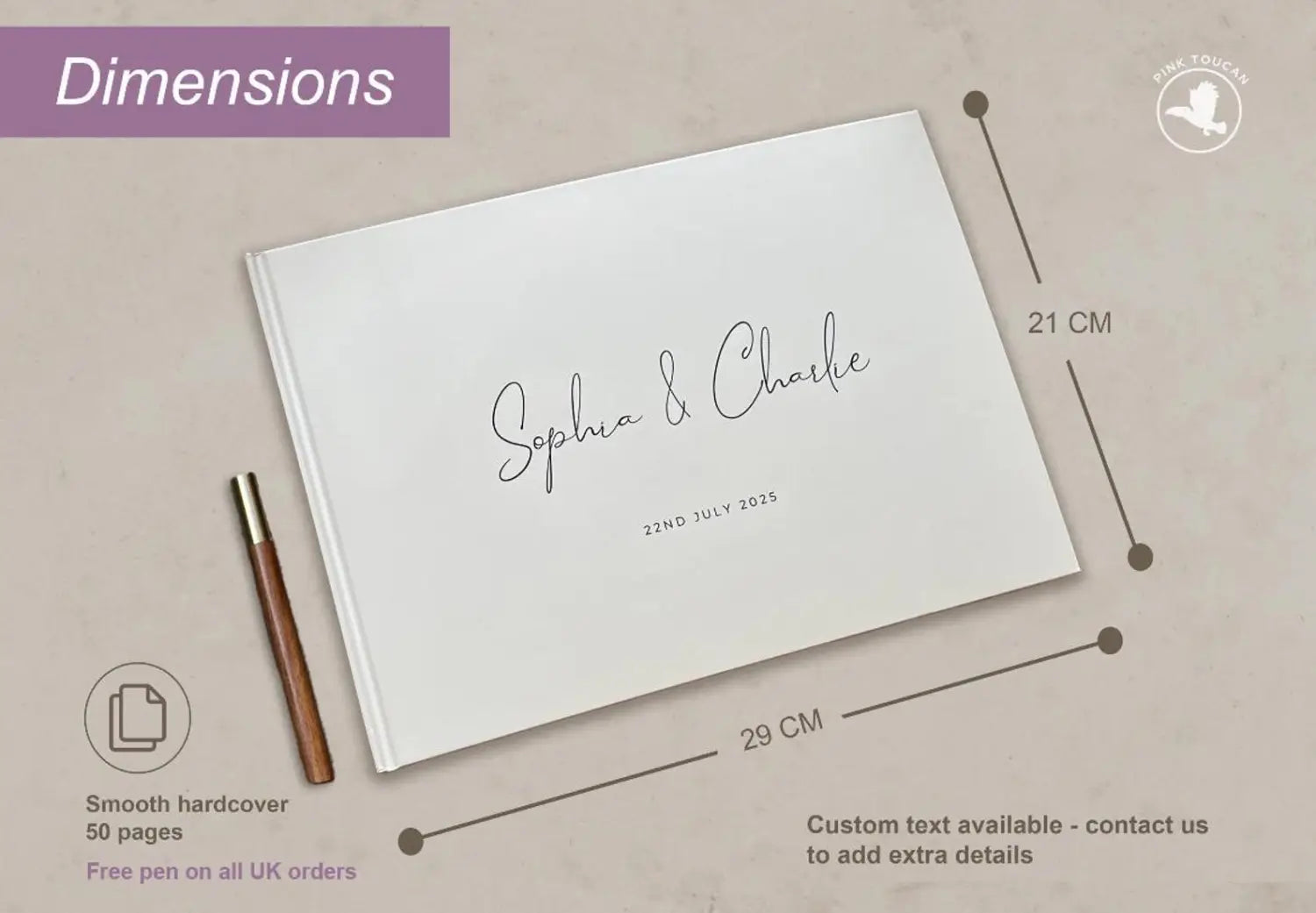 Livre d’invités de mariage en lin personnalisé à couverture rigide lisse blanche, album Polaroid, avec un texte cursif élégant indiquant sophia et charlie et une date, présentant un design minimaliste.