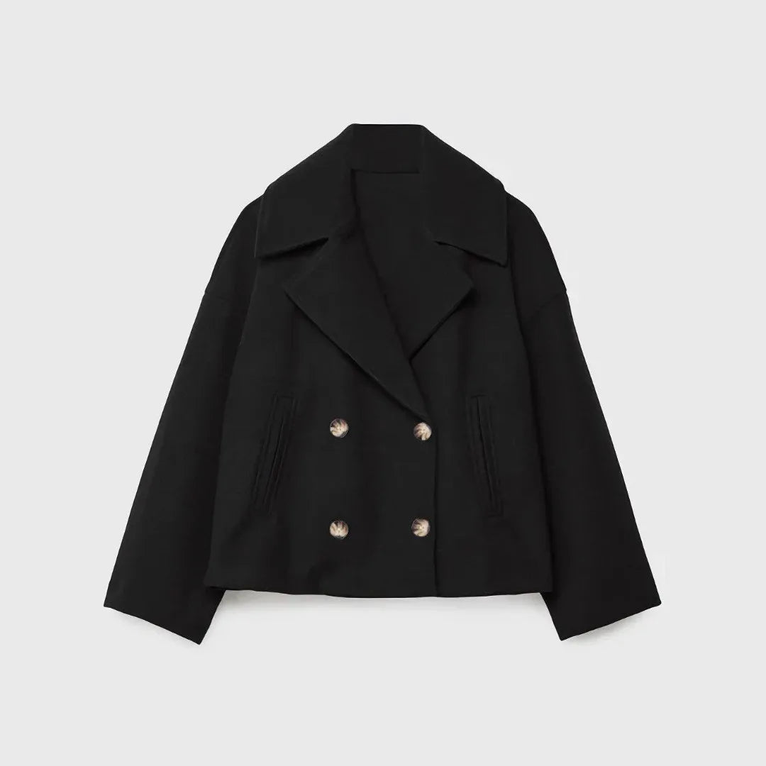 Women Wool Coats Elegant Short Coat Double Breasted Long Sleeve Jackets Blends Solid Casual Pockets Jacket Office Lady Autumn