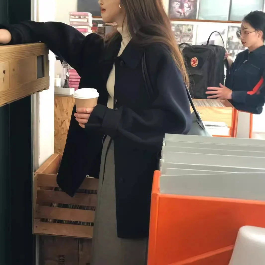 Women's Woolen Coat Elegant Lapel Mid-Length Solid Color  Double-Sided Fabric Lightweight Non Bulky Versatile Office Outerwear