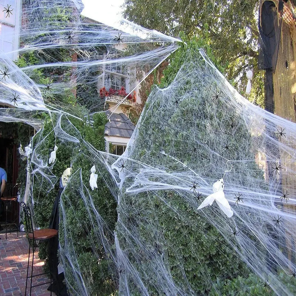 white sheer spiderweb horror props halloween decoration featuring black plastic spiders and ghost figures for props halloween party use