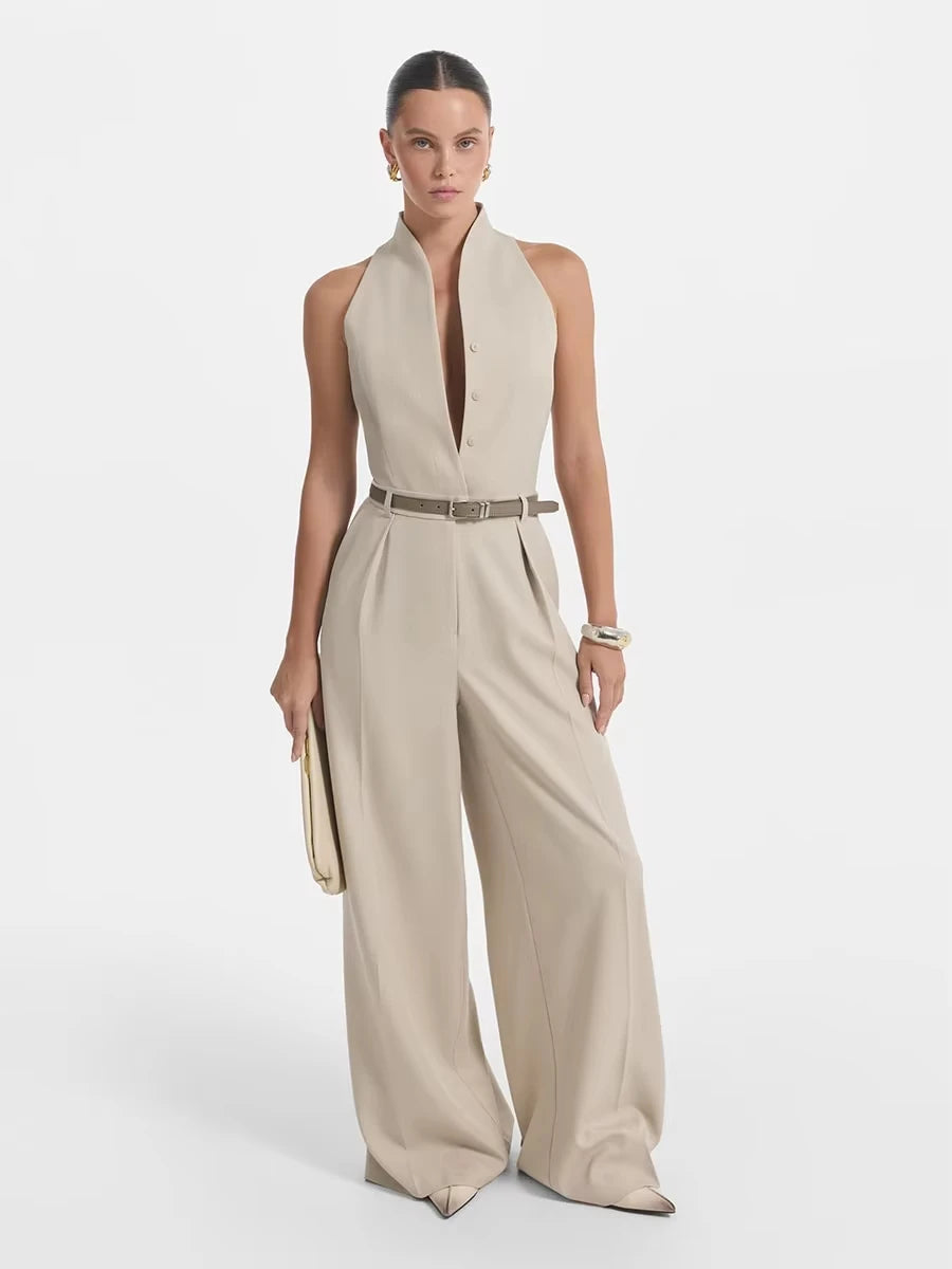 2026 Summer Women Jumpsuit Elegant Halter Neck Deep V Button Front Wide Leg Romper with Belt Office Lady Outfit