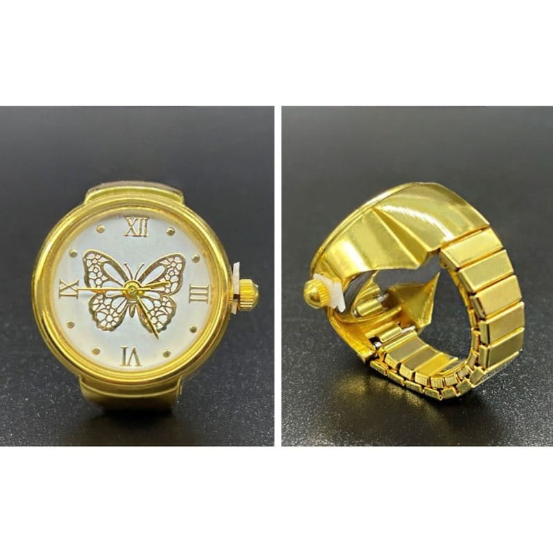 Gold butterfly watch ring stainless steel cute jewelry featuring a gold-toned wristwatch with a white dial adorned with an ornate butterfly design and roman numerals paired with a flexible gold-tone metal band.