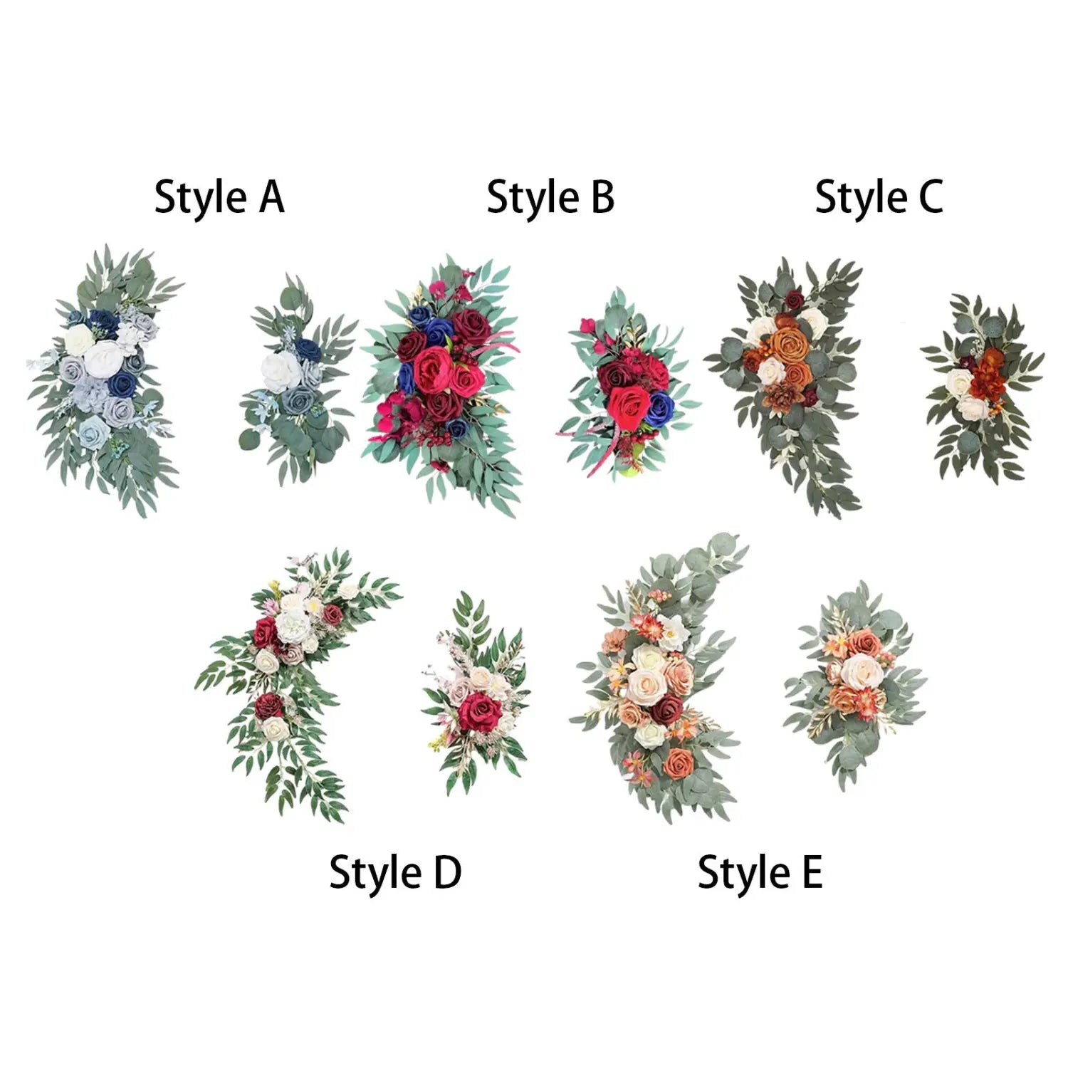 Fünf verschiedene Stile für hängende Blumengirlanden mit künstlichen Blüten und Grünwerk in Farbkombinationen aus Marineblau, Weiß, Rot, Blau, Pfirsich und Weiß für Blumenarrangements am Hochzeitsbogen in Marineblau und Weiß.