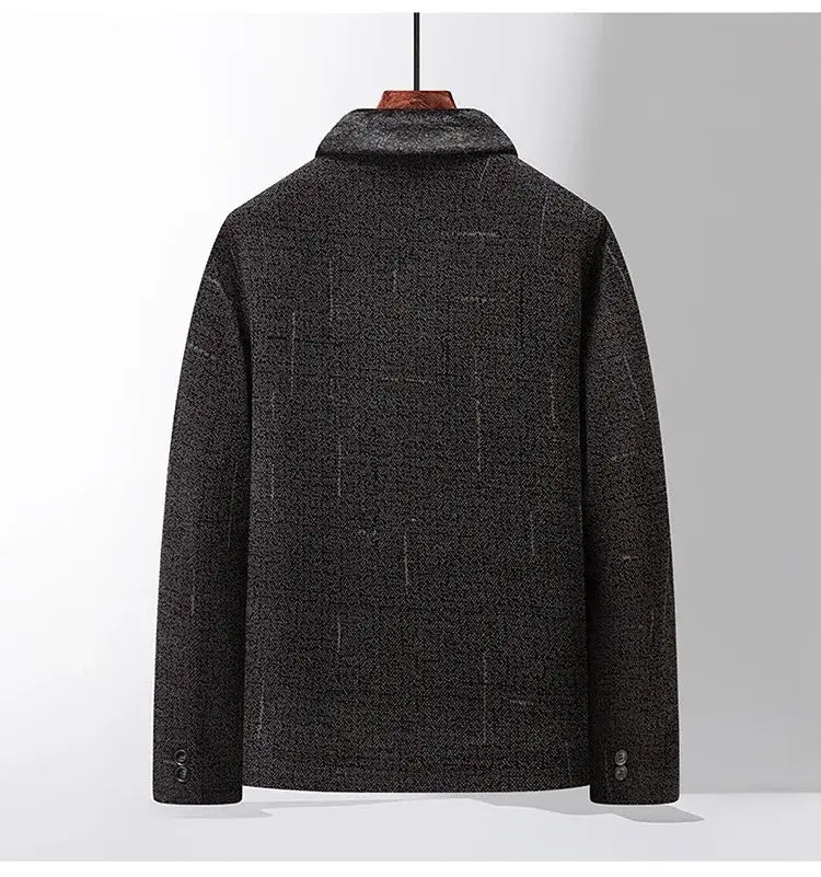 Men wool blend winter trench coat in dark gray with a subtle textured pattern and classic collar.