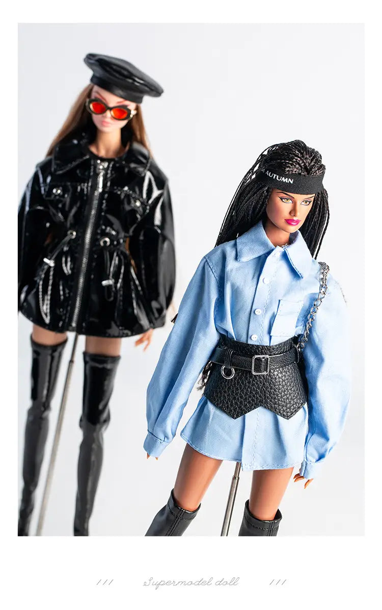 A stylish barbie doll wearing a futuristic retro doll outfit featuring a light blue long sleeve button-up shirt and black knee-high boots for 30cm 1/6 models.