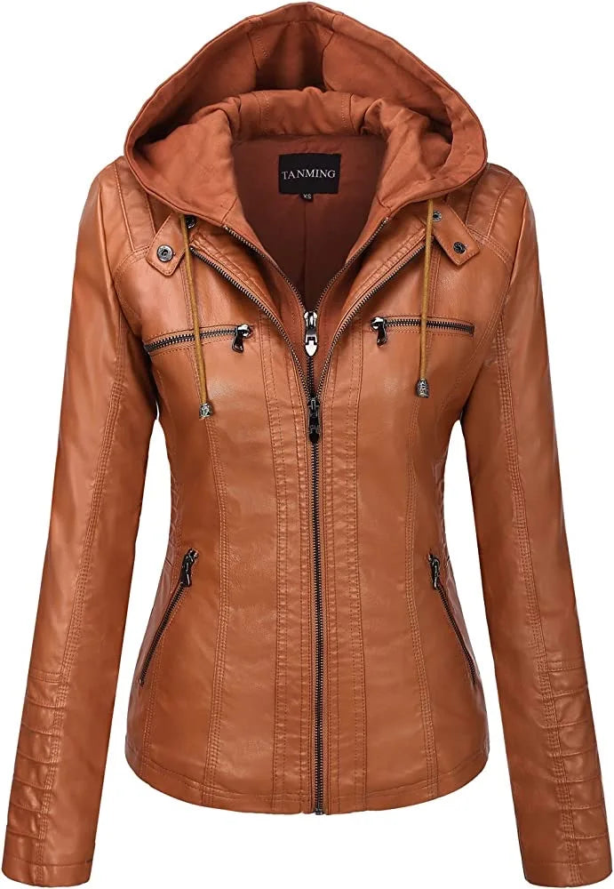 Hooded Leather Jacket Two-Piece Set Removable Large Size Leather Jacket for Women Spring Fall Outwear Women Pu Washed Leather