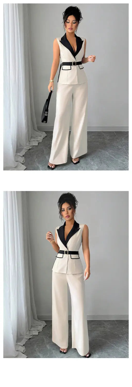 Ensemble chic gilet de bureau pour femmes et pantalon à jambes larges blanc cassé et noir, comprenant un haut de blazer sans manches ajusté avec des pantalons à jambes larges et une ceinture noire contrastante.