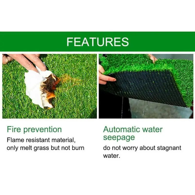 Estera de césped artificial verde para interior y exterior, que muestra respaldo de malla negra diseñado para resistencia al fuego y para la filtración automática de agua.