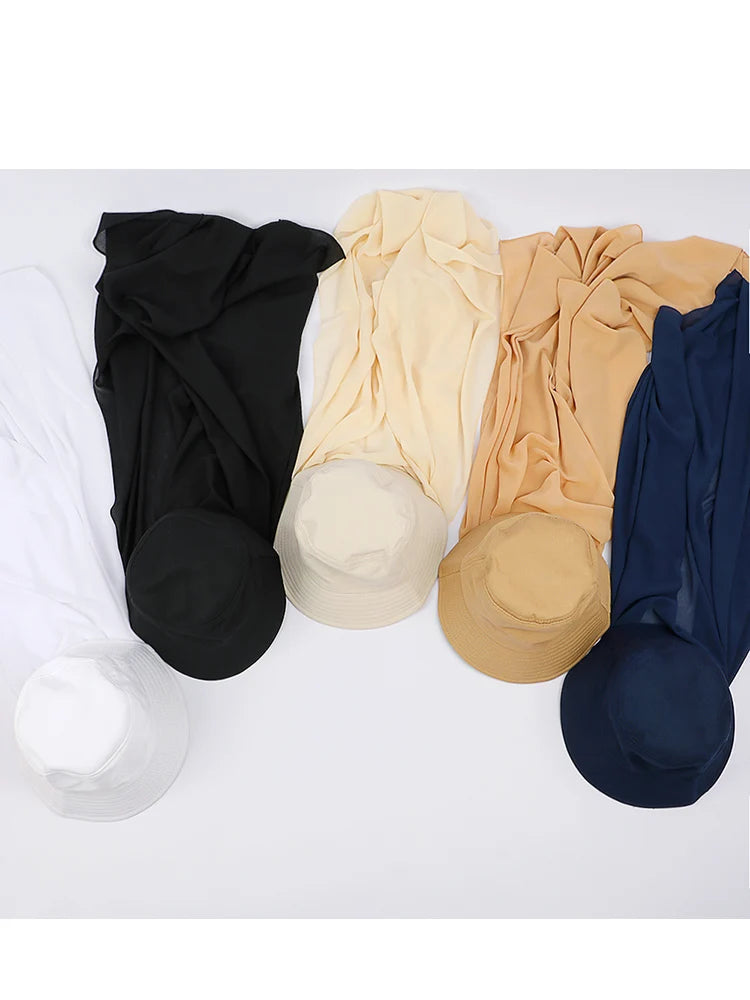 New Muslim Women Bucket Hat With Chiffon Hijabs Summer Sports Cap With Hijab Ready To Wear Instant Hijab Islam Headscarf