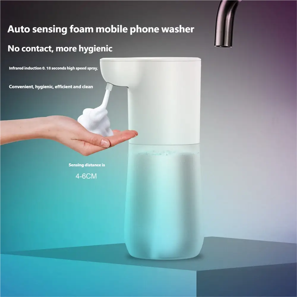White automatic soap dispenser with a sleek cylindrical design and transparent lower section filled with light blue liquid for foam bubble generation and hand soap use.
