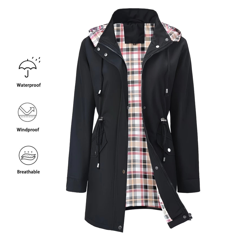 Women's mid-length hooded zipper trench jacket, featuring a full-zip front placket and adjustable hood pocket