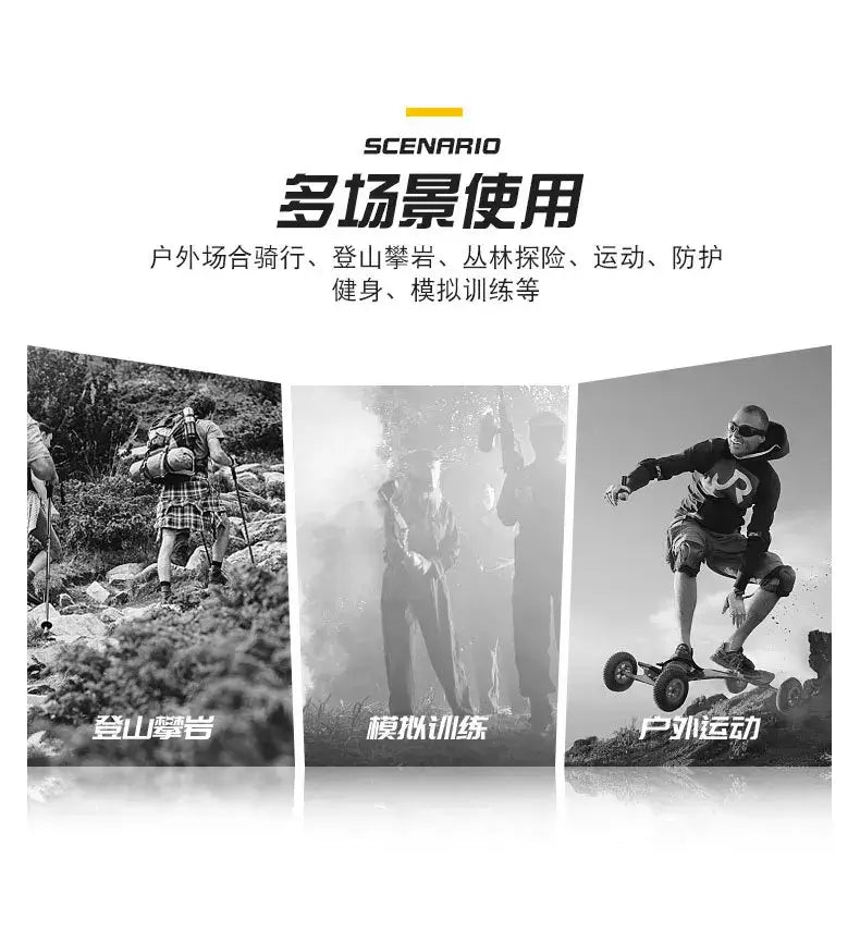 Black and white promotional graphic featuring winter motorcycle gloves with thermal windproof material designed for outdoor riding gear shown with three adventure activity scenes.