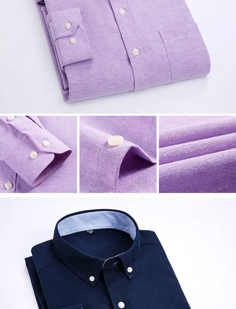 Mens light blue oxford casual long sleeve shirt neatly folded in lavender with subtle textured weave and contrasting navy blue inner collar lining.
