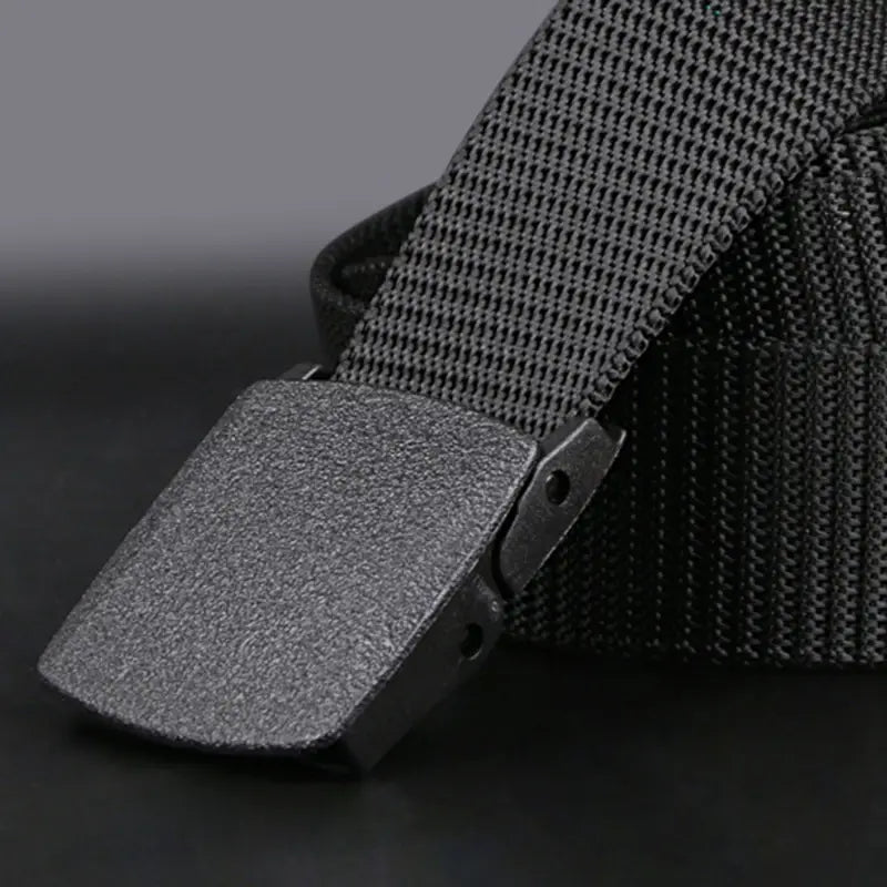 Mens tactical canvas belt lightweight automatic buckle in dark gray with a textured matte-finish metal buckle.