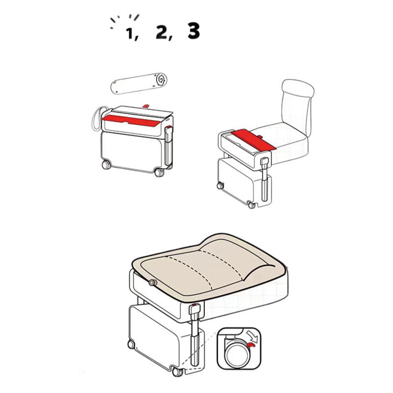 Beige gepolsterter umwandelbarer Koffer-Sessel mit rotem Akzentpanel und ausziehbarem Griff, entworfen als Kinder fahren auf Rollgepäck mit einem Handgepäckkoffer.