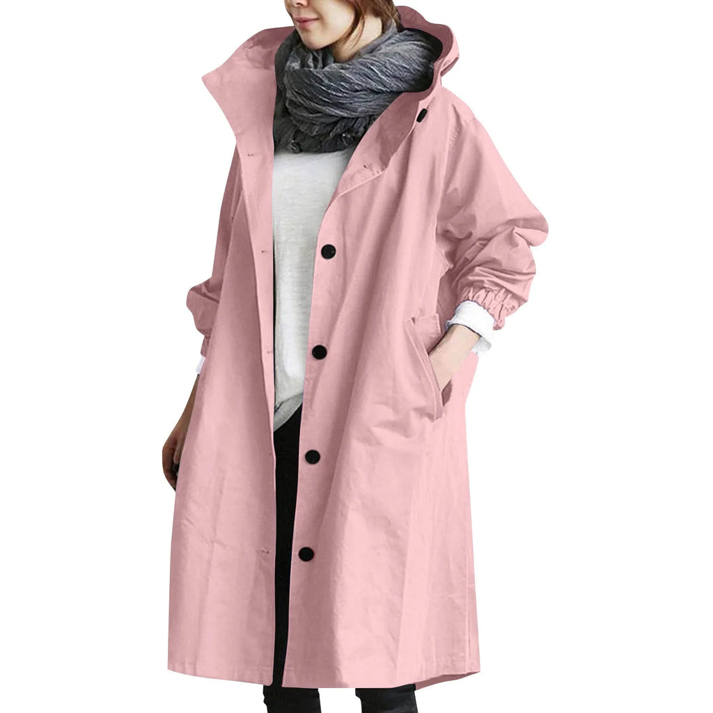 Trendy Women's Long Trench Coat Women's Solid Color Elegant Windbreaker Loose Comfortable Hooded Temperament Ladies Raincoat