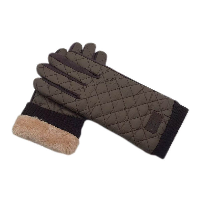 Gants d’hiver pour femmes en écran tactile thermiques, avec tissu matelassé vert olive, poignets côtelés noirs et doublure en fausse fourrure beige.
