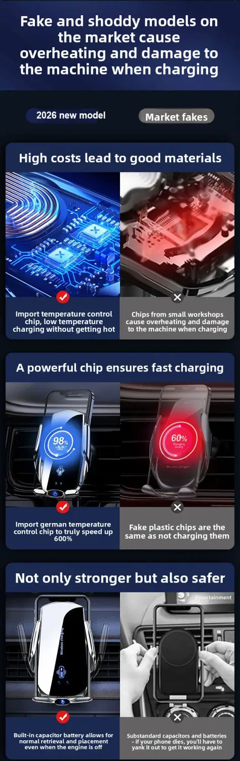 Black wireless auto clamping car charger phone mount with sleek modern design and built-in temperature control chip for safe fast charging.