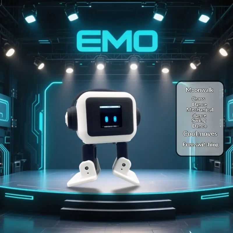 Ai smart companion robot toy featuring a white and black emo design with a square head, glowing blue eyes on its screen face, and articulated limbs for dancing.