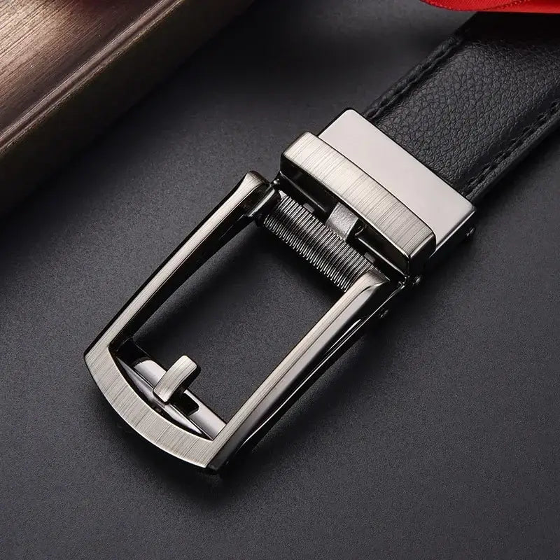 Black leather mens automatic belt with a sleek brushed silver buckle.