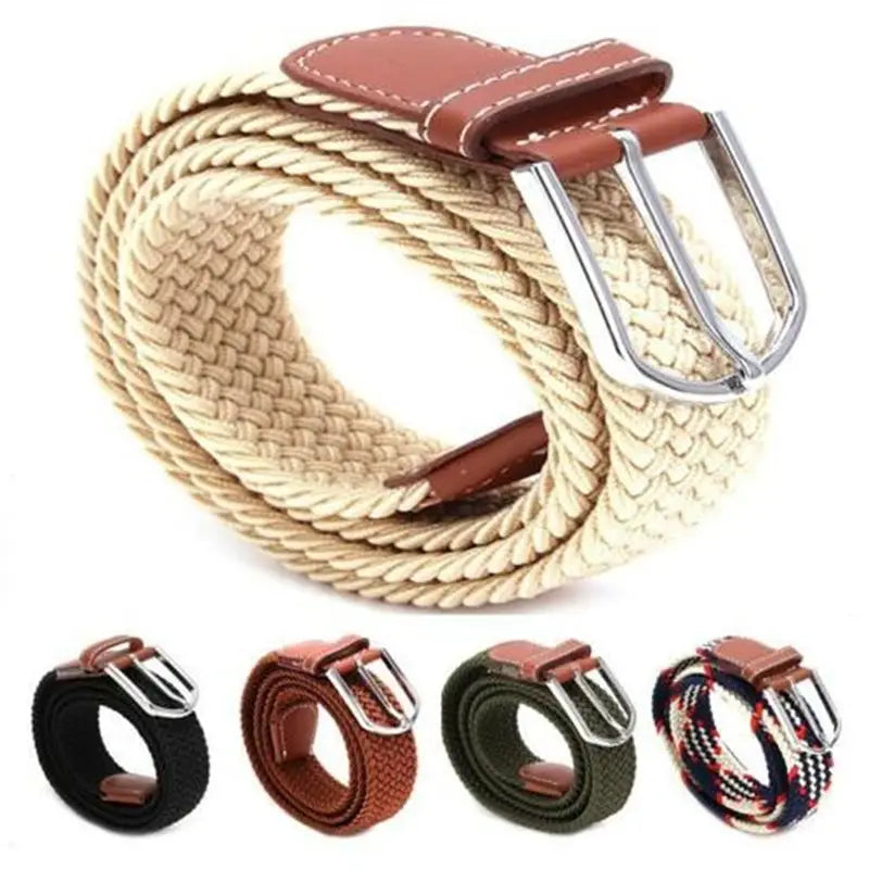 Beige woven elastic tactical canvas belt with brown leather tab and silver buckle adjustable for men outdoor waistband.