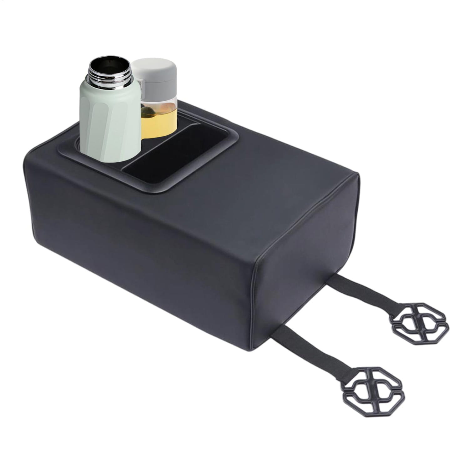 Organizador negro de cuero para consola de automóvil con espuma viscoelástica, dos correas ajustables y un portavasos integrado.