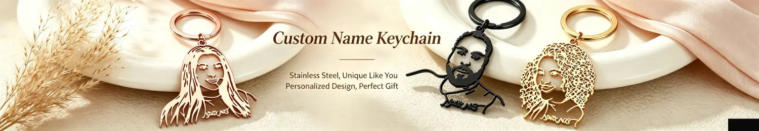 Custom pet photo stainless steel heart keychain featuring a laser-cut portrait design in rose gold and black finishes.