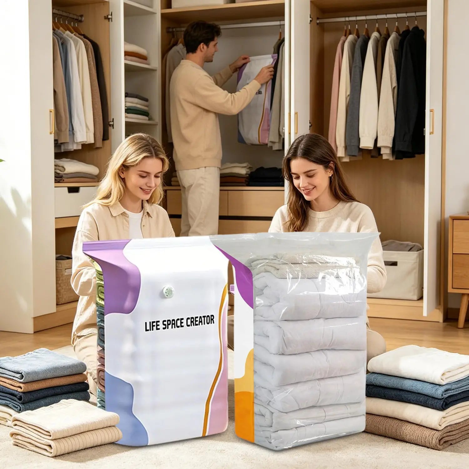 Violette und weiße Vakuum-Aufbewahrungsbeutel mit Aufdruck „Life Space Creator“, ausgelegt als große platzsparende Lösung ohne Pumpe, für effiziente Aufbewahrung von Kleidung.