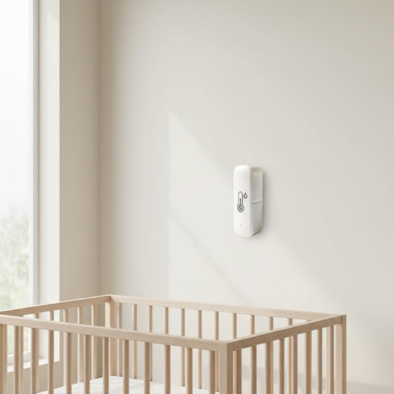 White rectangular wall-mounted humidity sensor smart wireless temperature monitor with minimalist design and subtle temperature gauge icon.