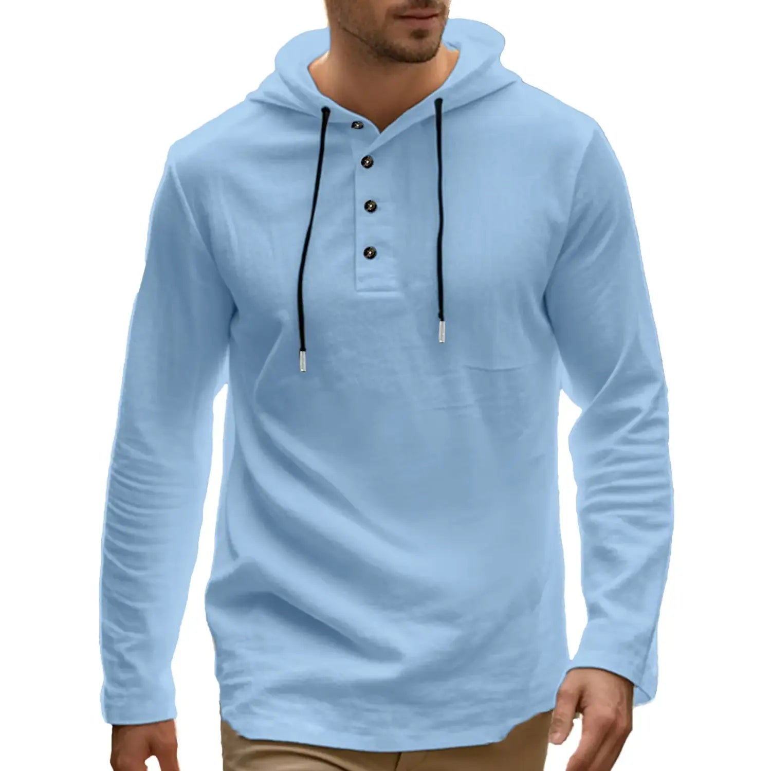 Light blue men cotton linen hooded henley shirt with long sleeves black drawstrings and three dark buttons at the neckline.