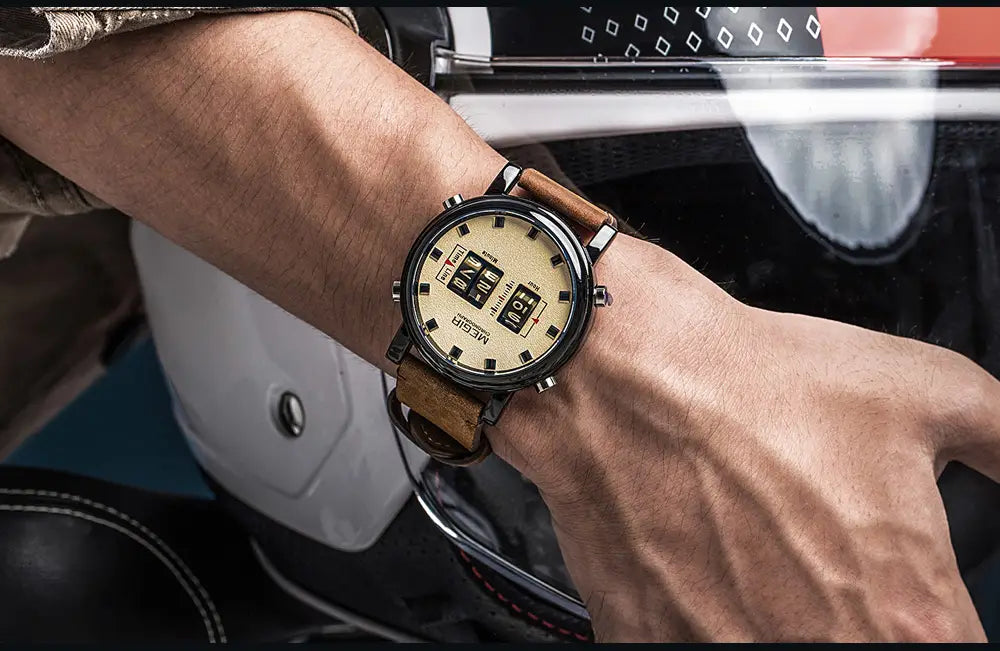 Megir military quartz watch featuring a rugged vintage-style analog-digital display with a beige dial and brown leather strap.