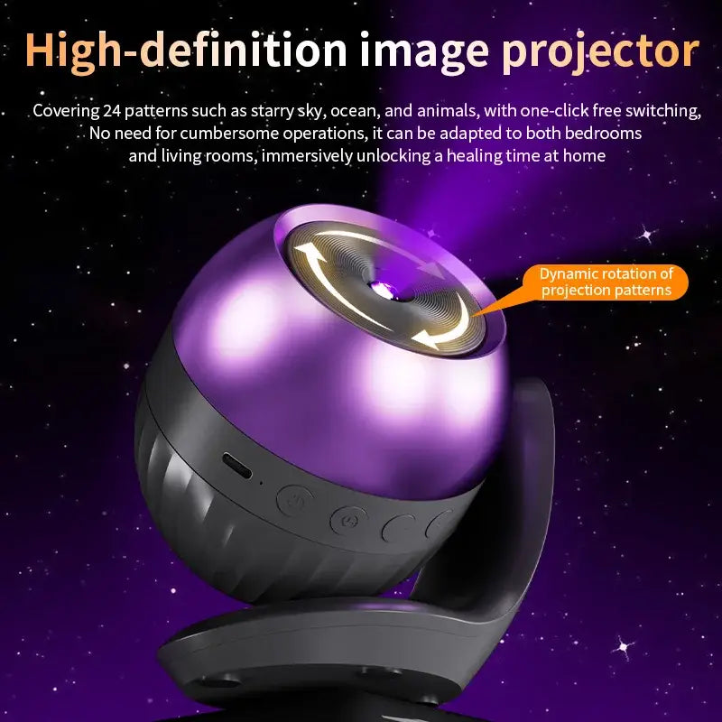 Purple and black spherical led projector light with a rotating lens displaying kids gift patterns and a timer function.