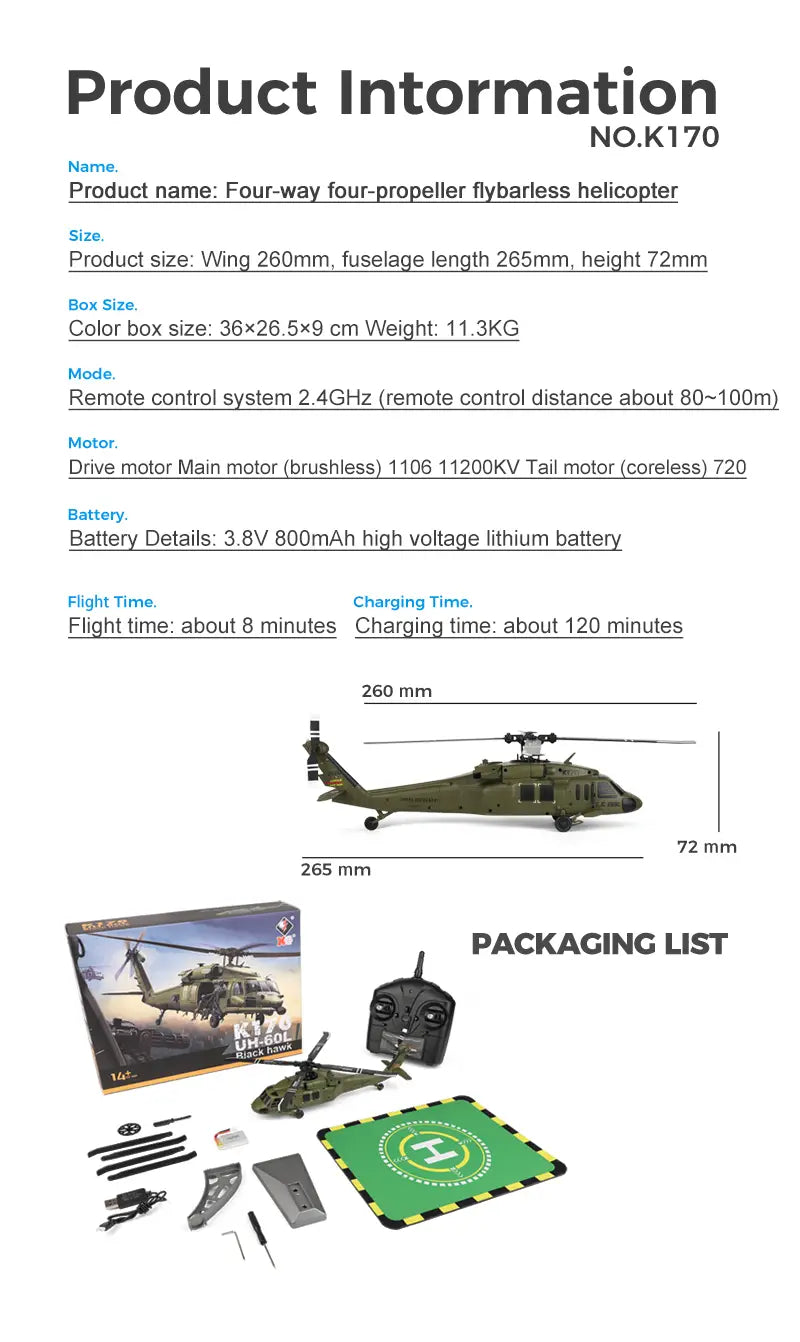 Wltoys K170 uh-60l olive green four-propeller remote control helicopter model with detailed military design featuring an 800mah 20c battery for extended flight time.