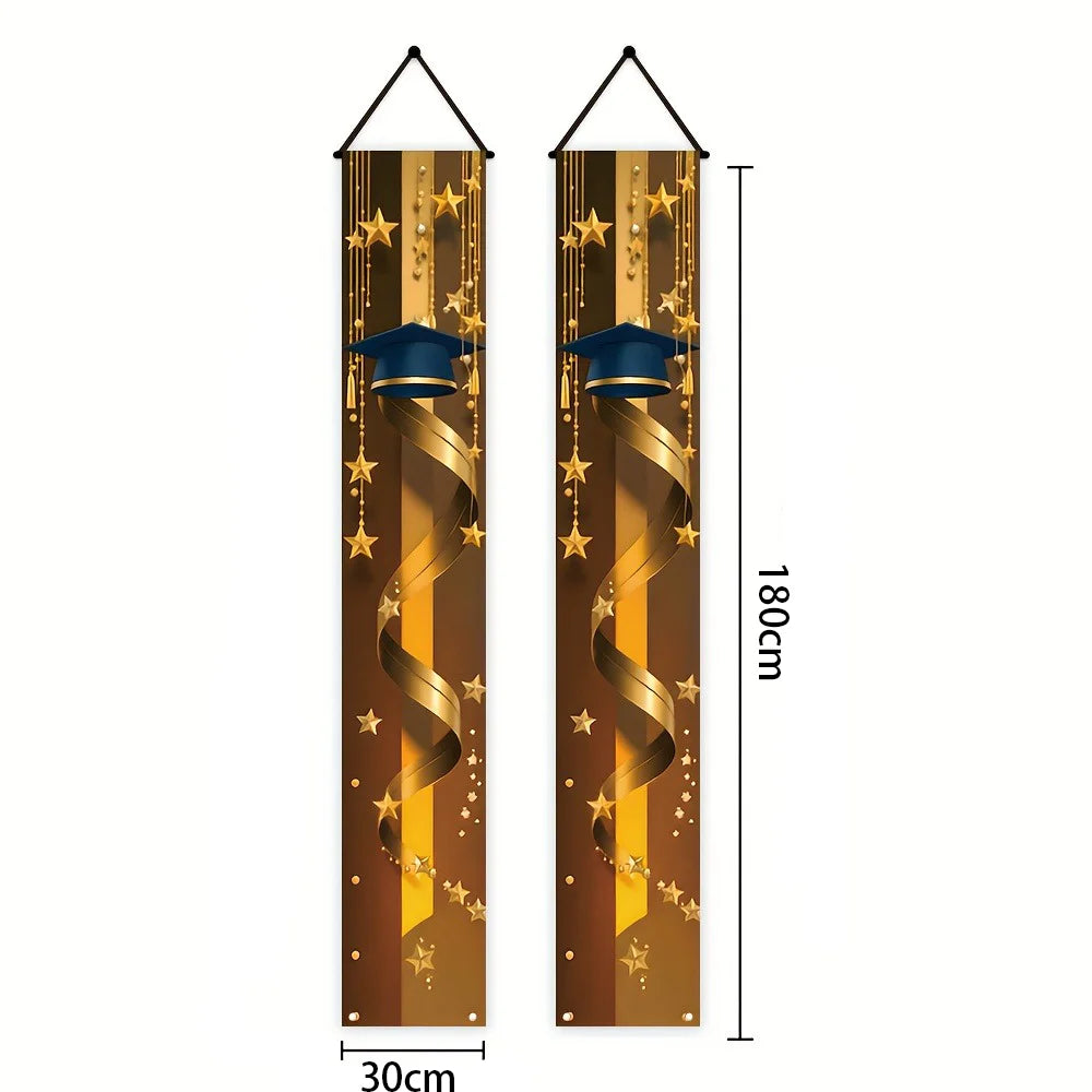 Graduation Porch Banner, Blue Gold Grad Cap & Star Curtain for Class of 2026 Graduation Party Front Door Decor