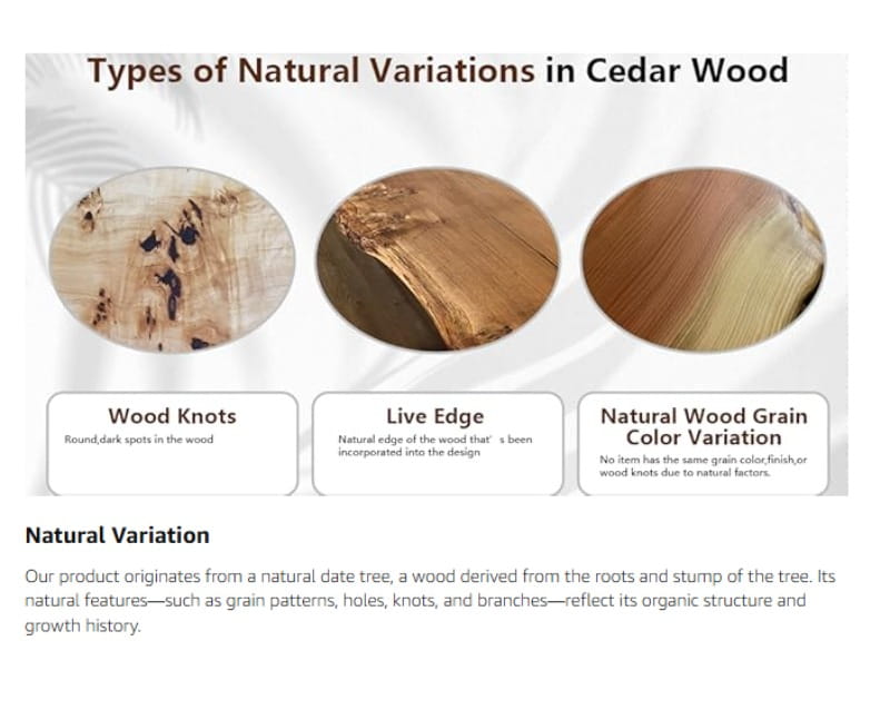 farmhouse wooden shelves featuring cedar wood samples with round dark knots, live edge, organic grain patterns, and natural color variations ideal for wall farmhouse wooden decor.