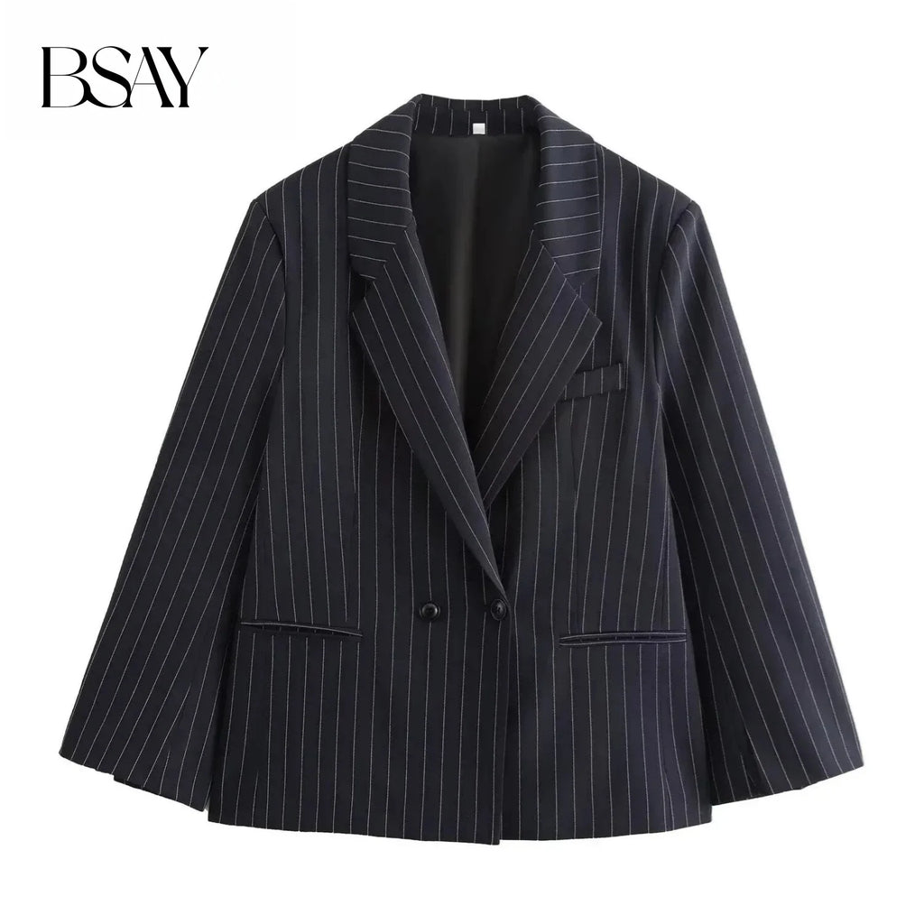 BSAY Blazers for Women Fashion Autumn Winter Loose Fine Stripes Long Sleeve Double-breasted Suits Jacket Chic Female Suit Coat