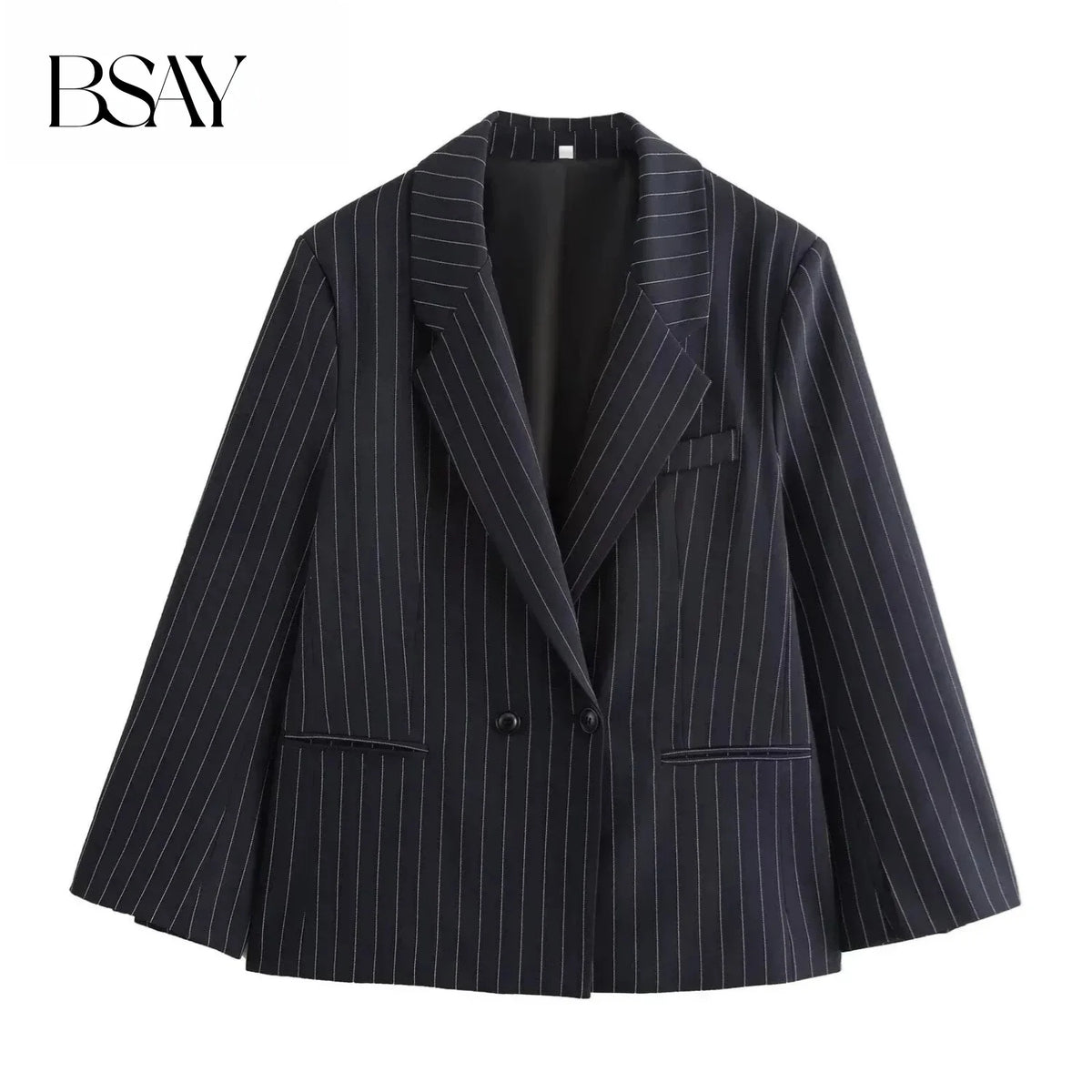 BSAY Blazers for Women Fashion Autumn Winter Loose Fine Stripes Long Sleeve Double-breasted Suits Jacket Chic Female Suit Coat