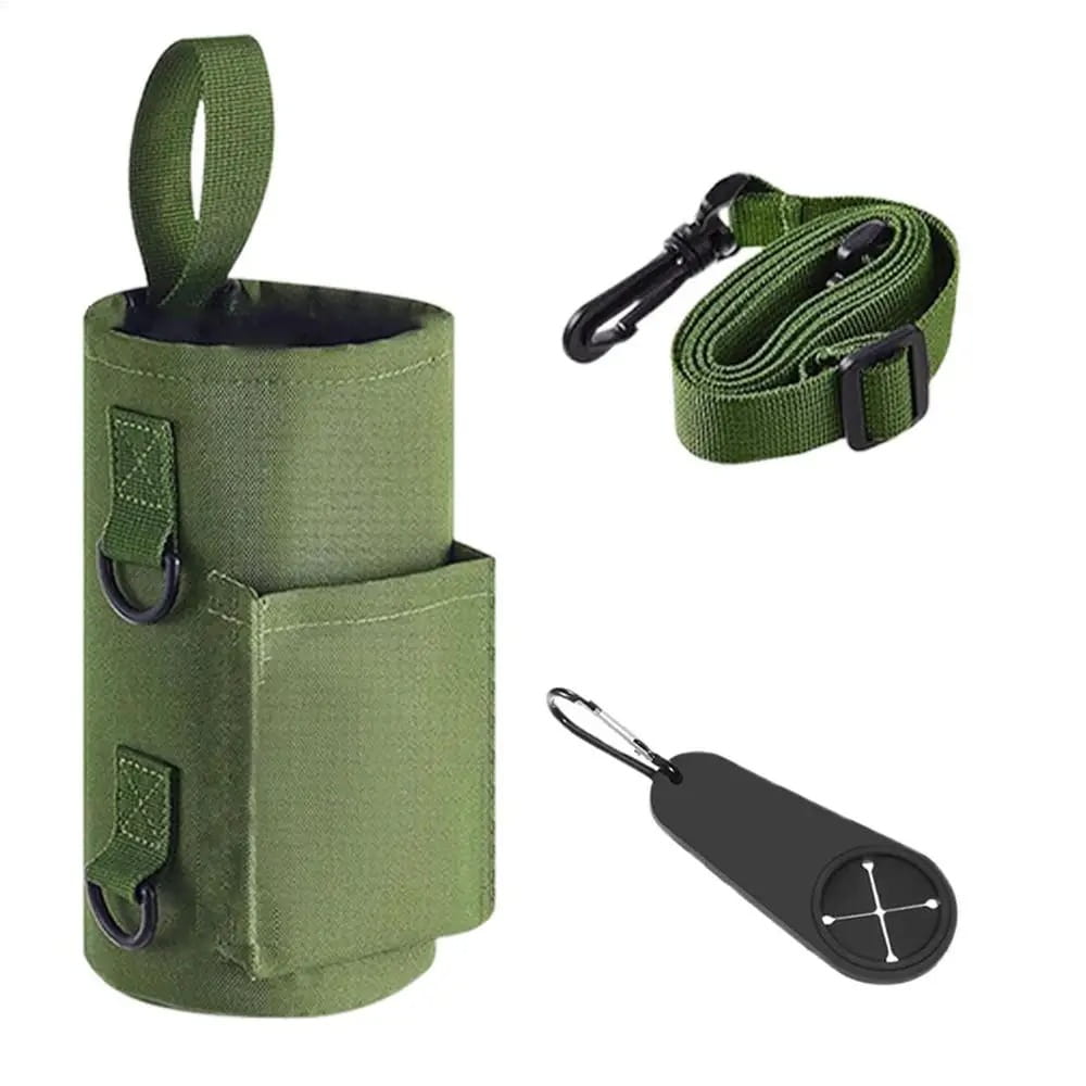 Sangle porte-bouteille d’eau de sport magnétique tactique verte olive avec sangle réglable et clip mousqueton noir.