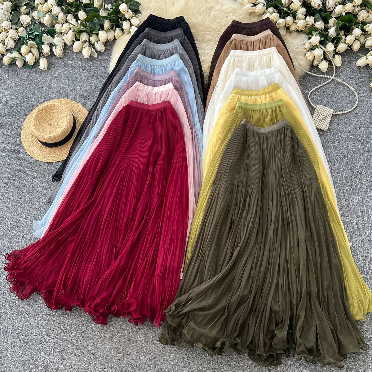 Skirts Women Mid Length Skirt A Line Elastic Waist Slim Fit Casual Solid Pleated Elegant Splice Y2k Streetwear Work 2026