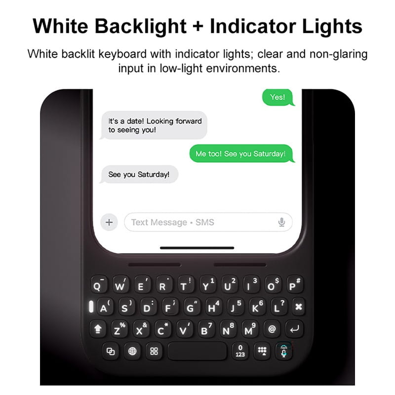 iPhone 16 Pro Max 用の黒色ハンドヘルド電話ケース。白色のバックライト付きキーボードと、画面上でテキストメッセージを表示するインジケーターライトを備えています。