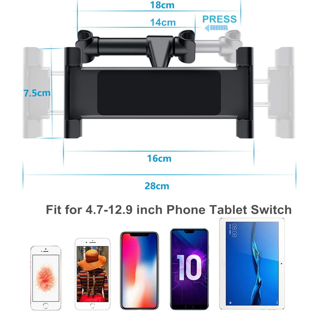 Schwarze Tablet-Kopfstützenhalterung aus Kunststoff für das Auto mit verstellbaren Armen zur sicheren Befestigung von Geräten mit einer Größe von 4,7 bis 12,9 Zoll, dargestellt von der Rückseite