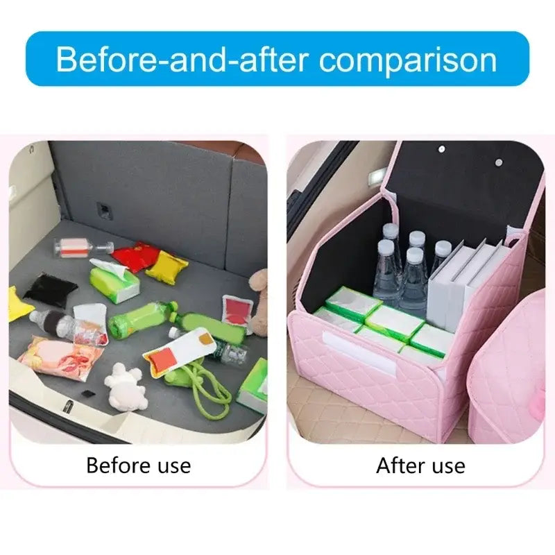 Pink quilted car trunk organizer with black interior and white adhesive strips designed for organized storage and featuring a decorative bow.