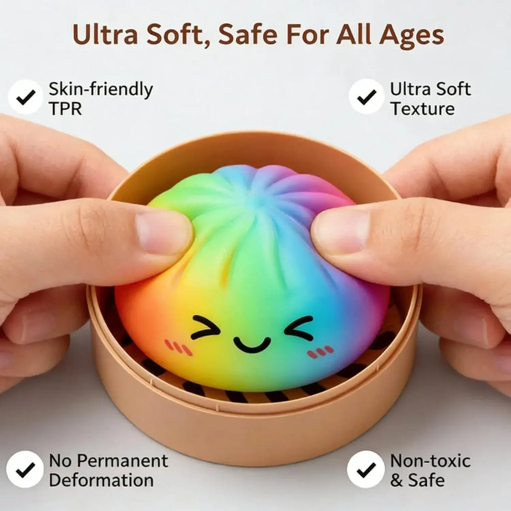 Front view of rainbow-colored dumpling squishy stress ball with smiling face for stress relief and fidget use