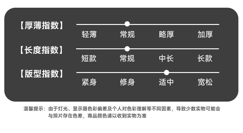 Tableau rectangulaire gris foncé affichant l’indice d’épaisseur l’indice de longueur et l’indice de style, avec des repères en chinois pour les mesures du manteau d’hiver à fermeture éclair pour homme en laine à 100 %.