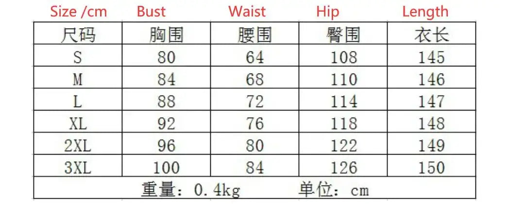 Tabla de tallas del mono de pierna ancha de encaje para mujer, con medidas en centímetros desde la talla S hasta la 3XL, con un peso total de 0,4 kg.